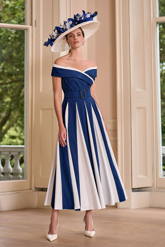 John Charles Two-Tone Bardot Dress With Beading Navy/Ivory 29204