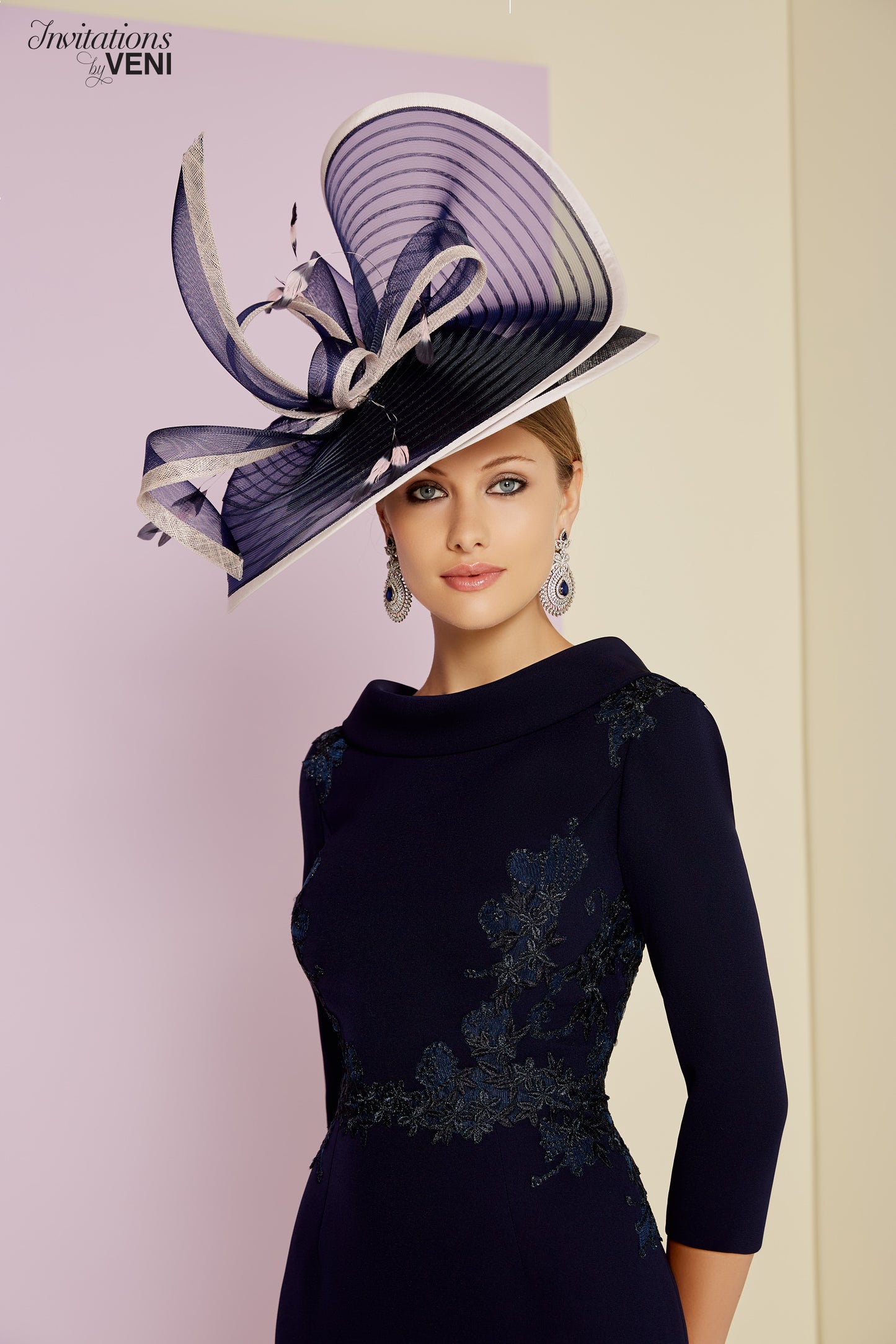 Invitations by Veni Cowl Neck Embroidered Detail Dress Navy 29344