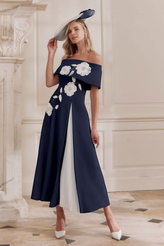 John Charles Bardot Two Tone Dress With Floral Applique Navy/Ivory 29358