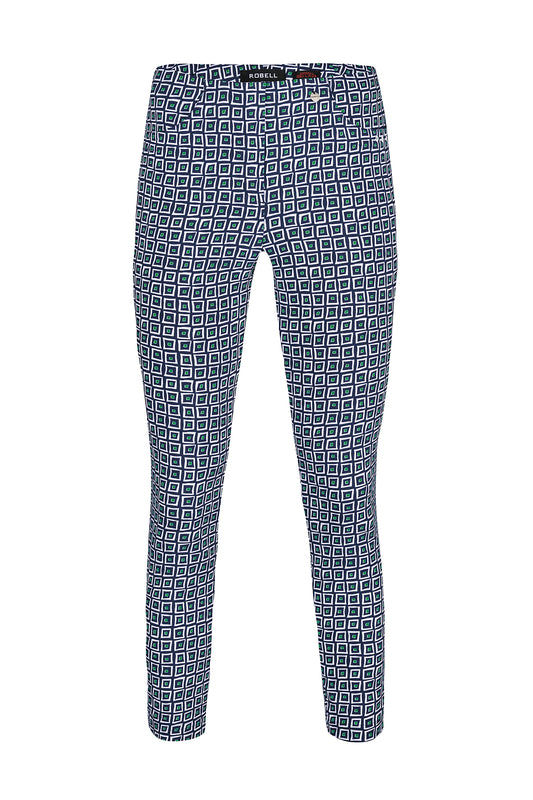 Robell Bella 09 Geometric Print Trousers Navy/Green 52483-54885-69