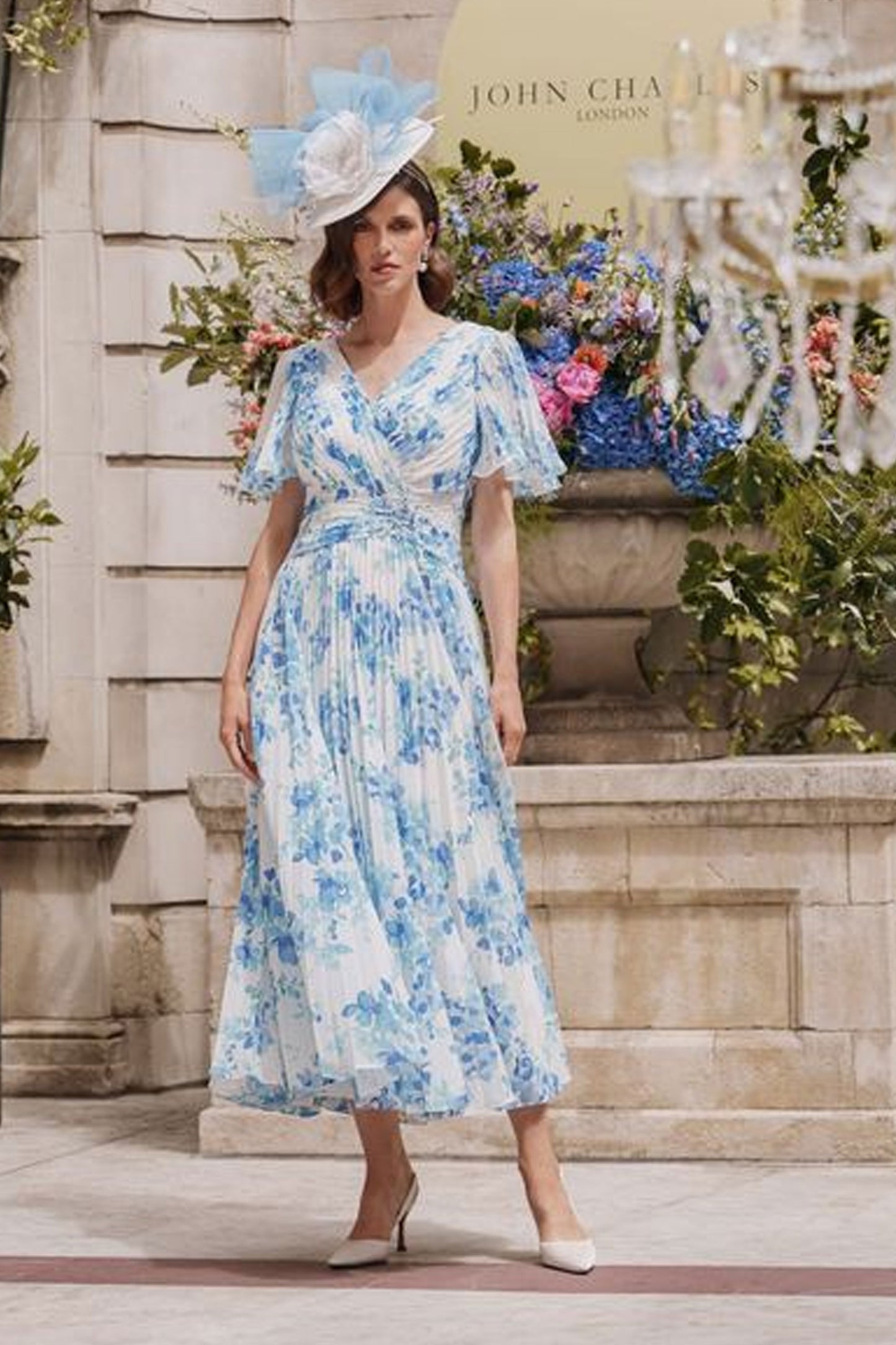 John Charles Plisse Floral Chiffon Dress Blue Blossom 66608