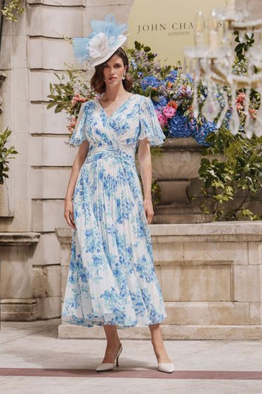 John Charles Plisse Floral Chiffon Dress Blue Blossom 66608