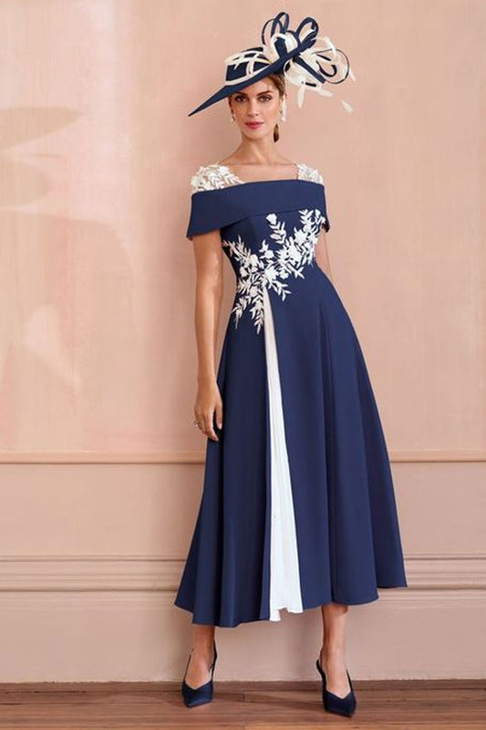 John Charles A Line Bardot Neckline With Applique Detail Navy/Ivory 66625