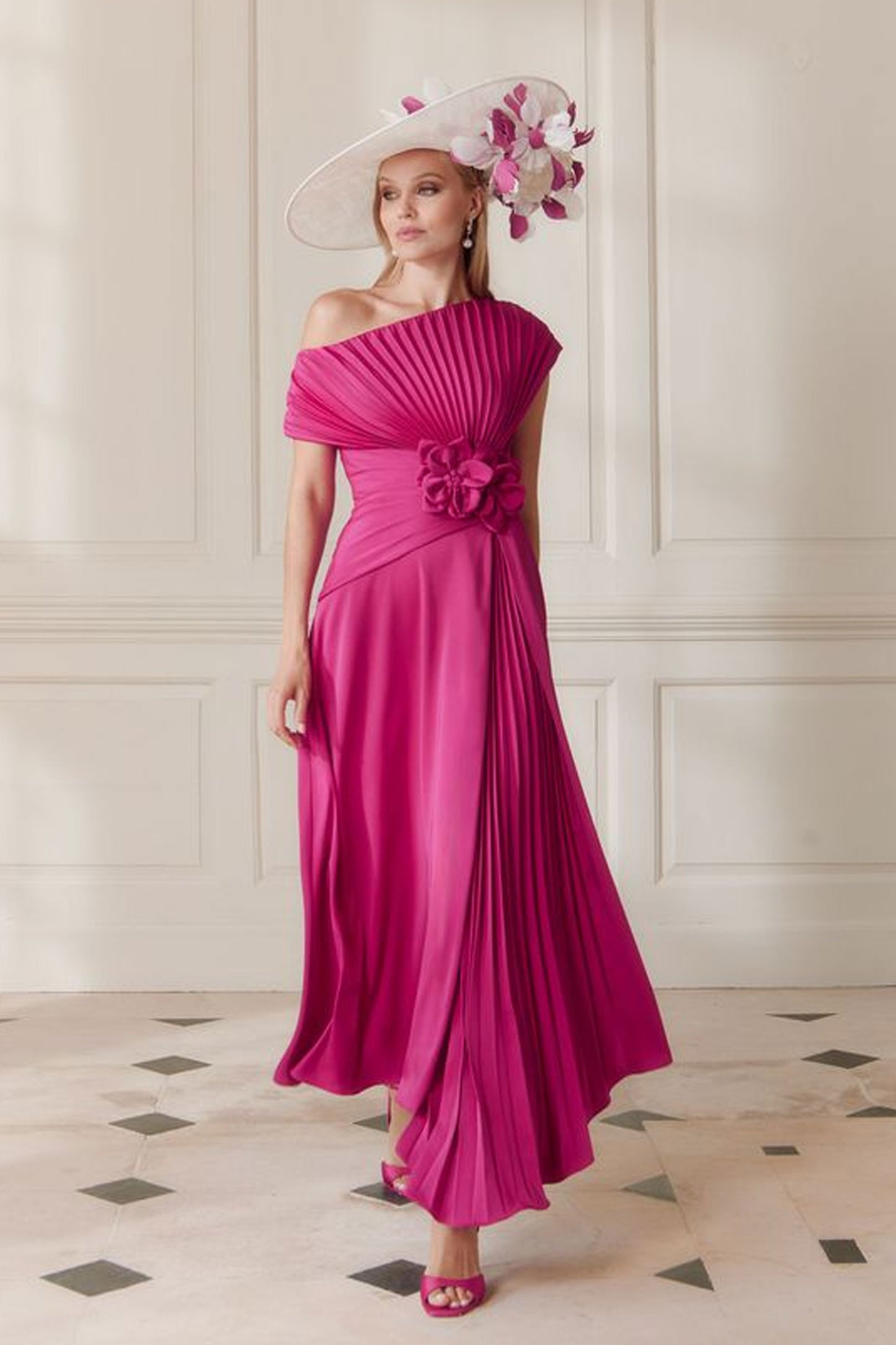 John Charles Asymmetrical A Line Dress With Pleats Ruby Pink 66710