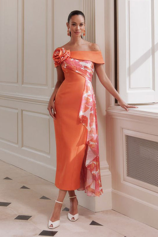 John Charles Straight Dress With Chiffon Overlay Tangerine Printed 66719