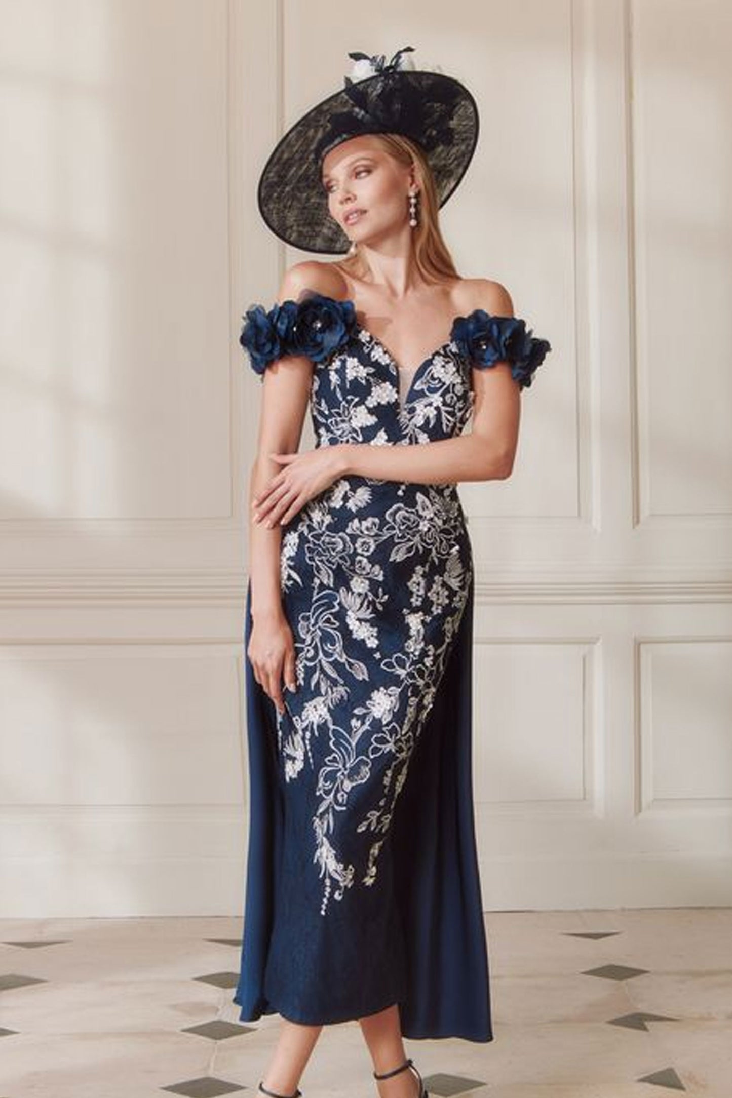 John Charles Straight Lace Dress With Overskirt Navy/Ivory 66725