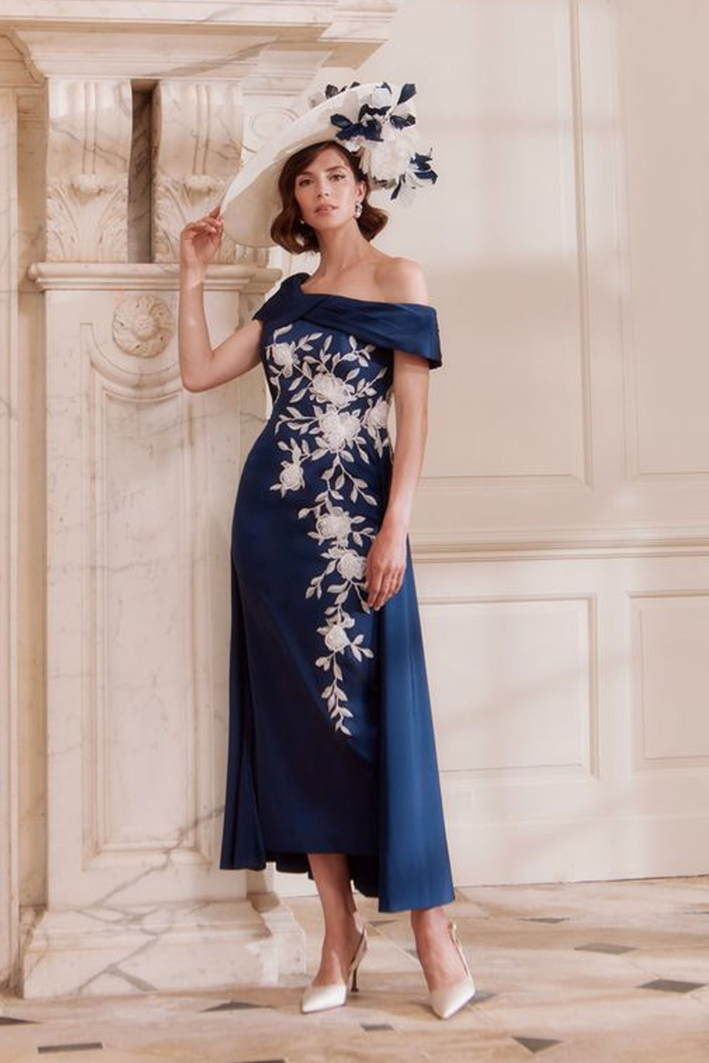John Charles Floral Applique Dress With Overskirt Navy/Ivory 66726