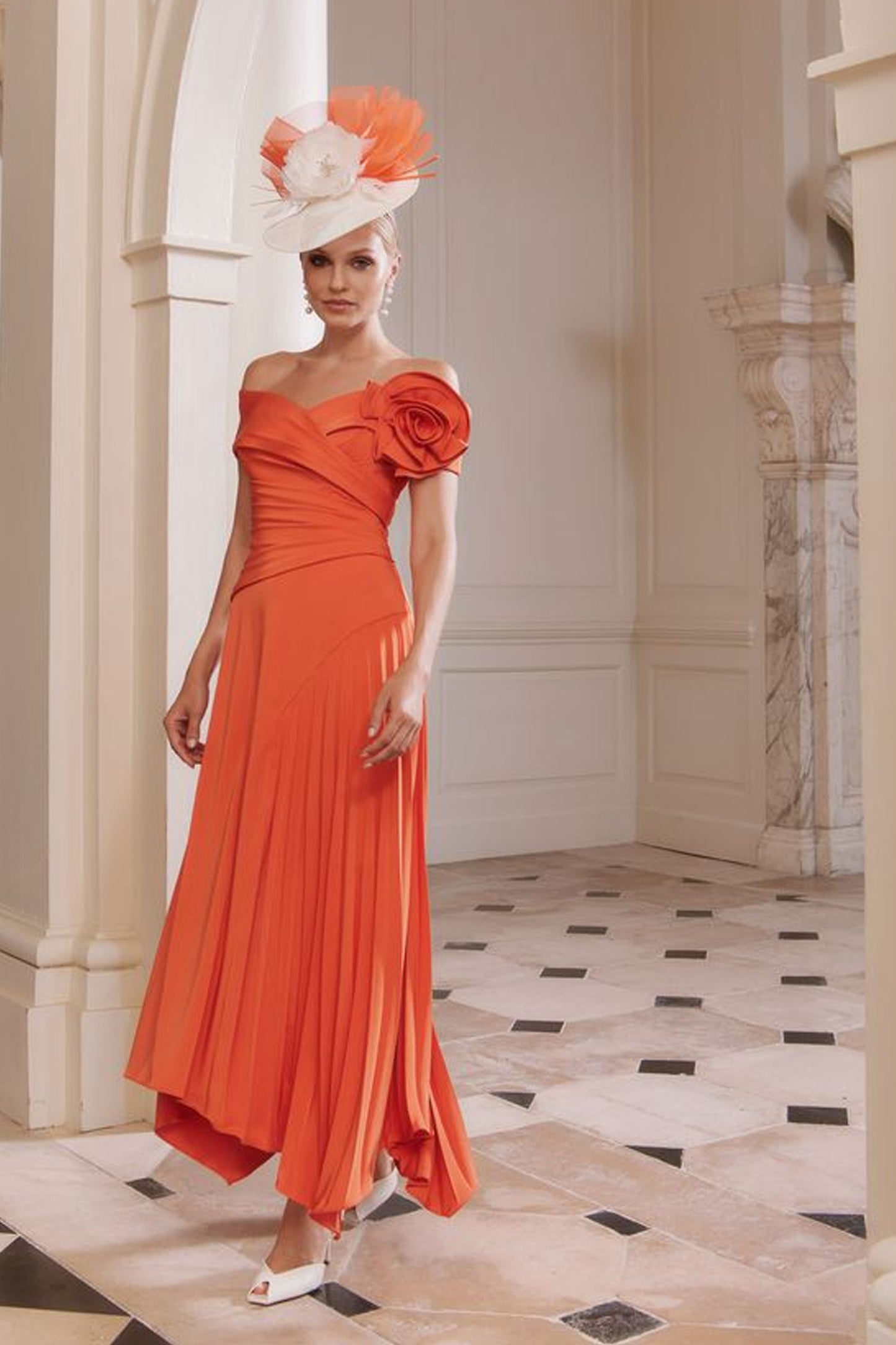 John Charles Handkerchief Hemline And Flower Detail Orange 66736