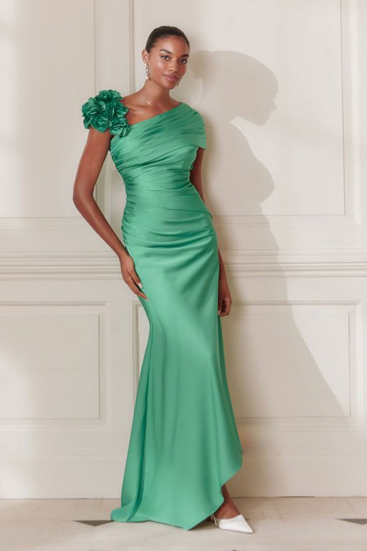 John Charles Asymmetrical Floral Detailed Dress Emerald 66740