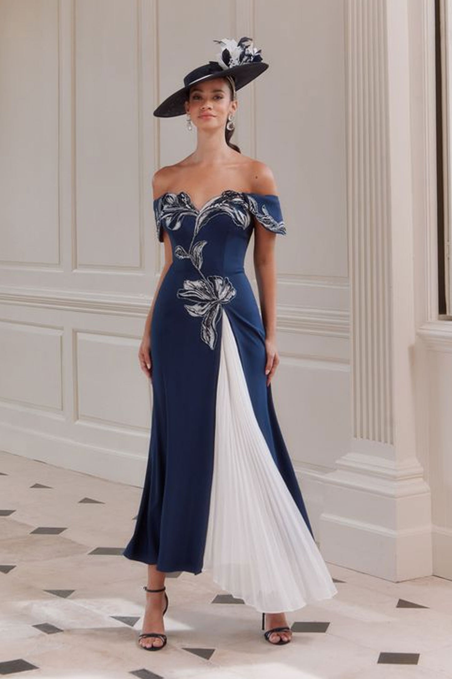 John Charles A Line Off The Shoulder Dress Navy/Ivory 66768