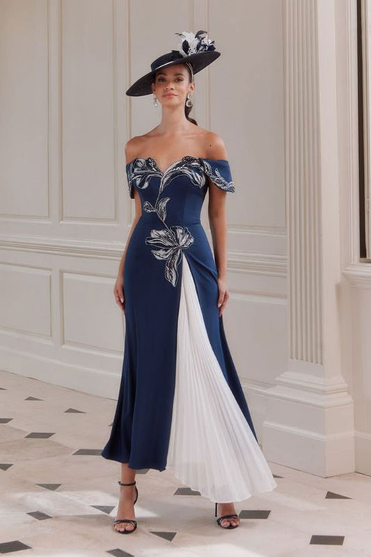 John Charles A Line Off The Shoulder Dress Navy/Ivory 66768