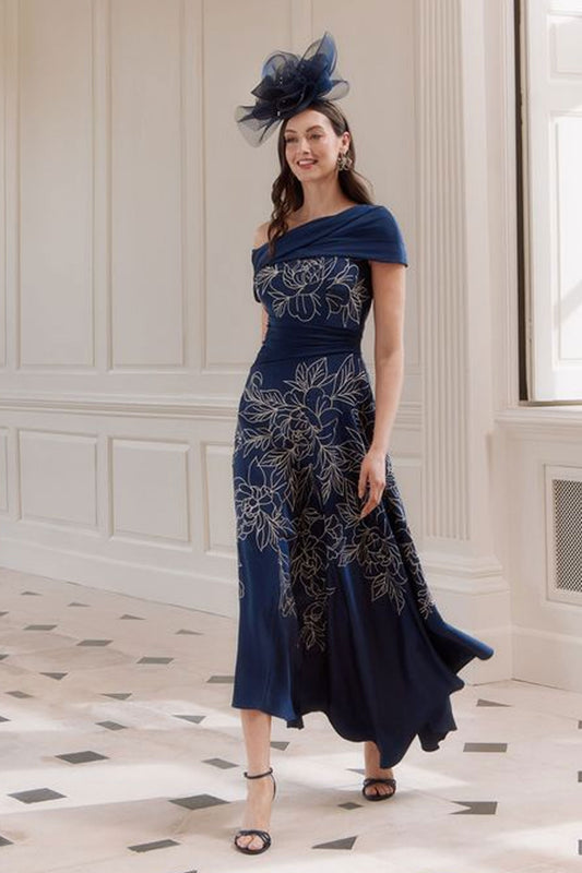 John Charles Embroidered A Line Dress Navy/Oyster 66771