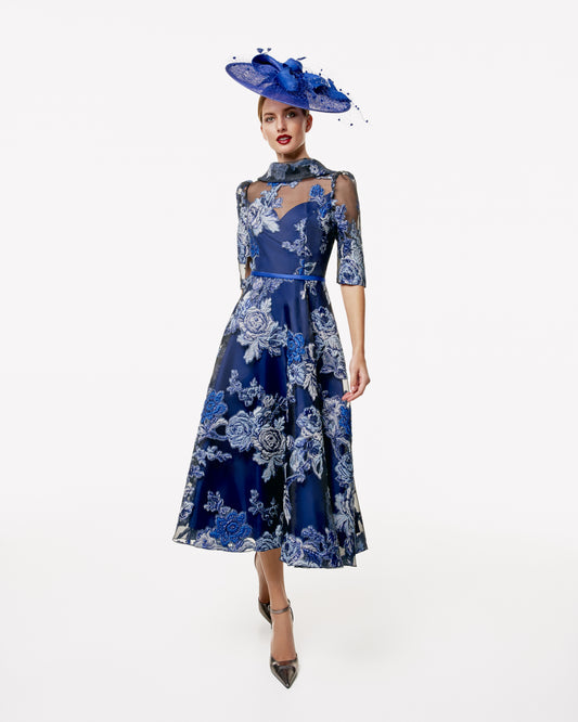 Gabriela Sanchez Jacquard Floral Print Dress - Multi Blue - 7444