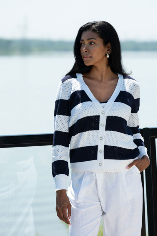 Alison Sheri Striped Fine Knit Twin Set Navy/White A45388