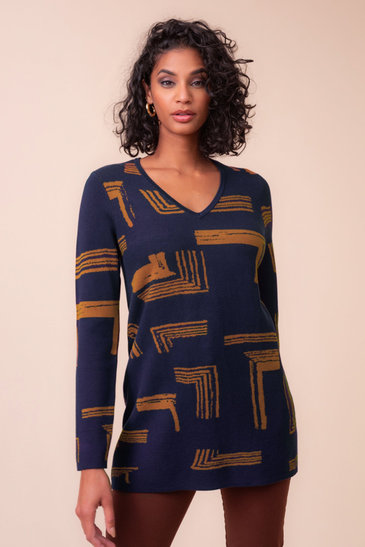 Alison Sheri Print Sweater With Scarf Navy/Cognac A48205