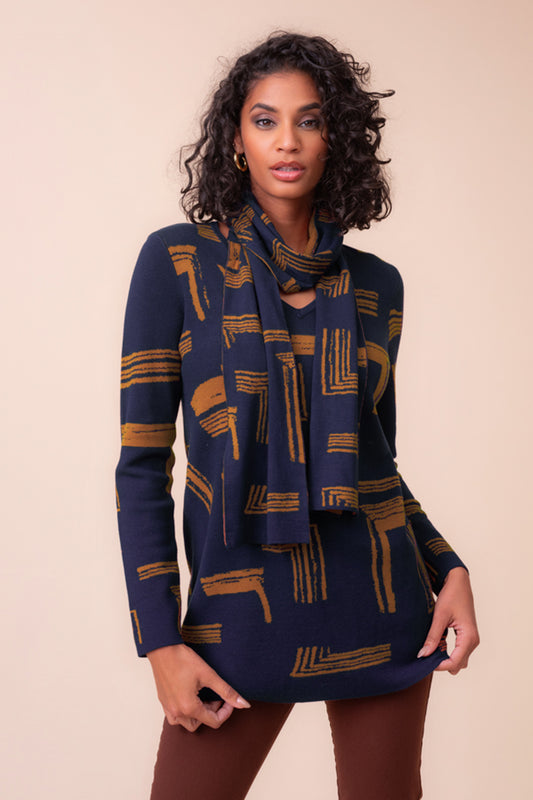 Alison Sheri Print Sweater With Scarf Navy/Cognac A48205