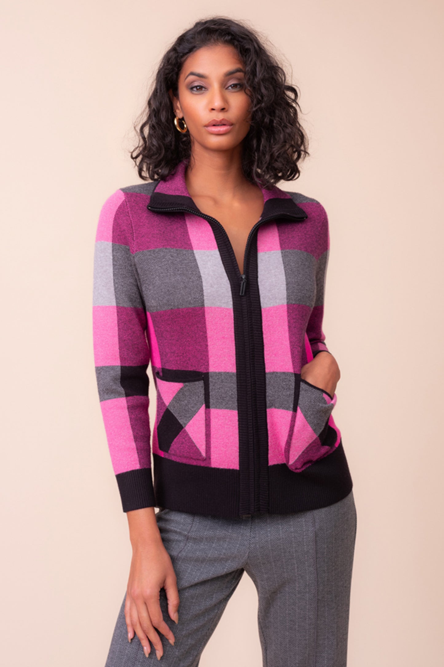 Alison Sheri Knitted Zip Up Fuchsia Combo A48221