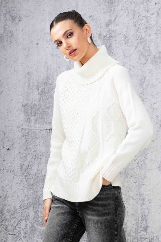 Alison Sheri Cable Knit Roll Neck Sweater Off-White A44042