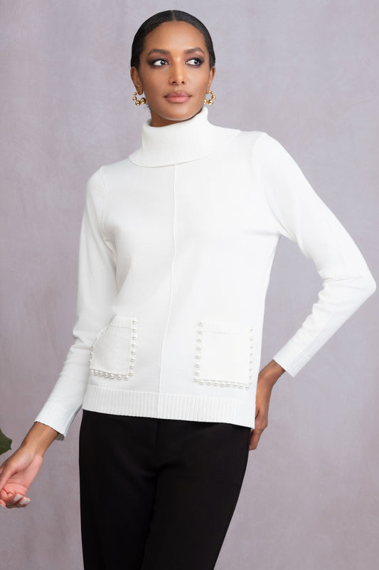 Alison Sheri Pearl Pocket Detail Sweater - Off White- A46090