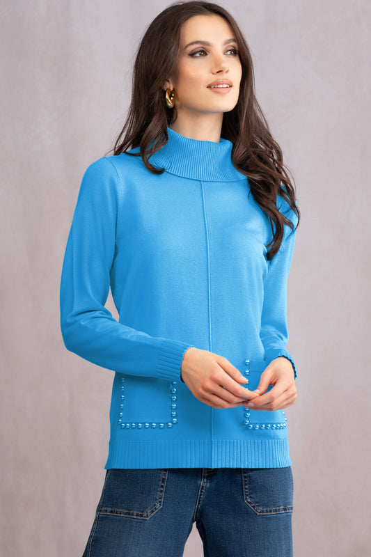 Alison Sheri Pearl Trim Pocket Detail Sweater - Teal - A46090