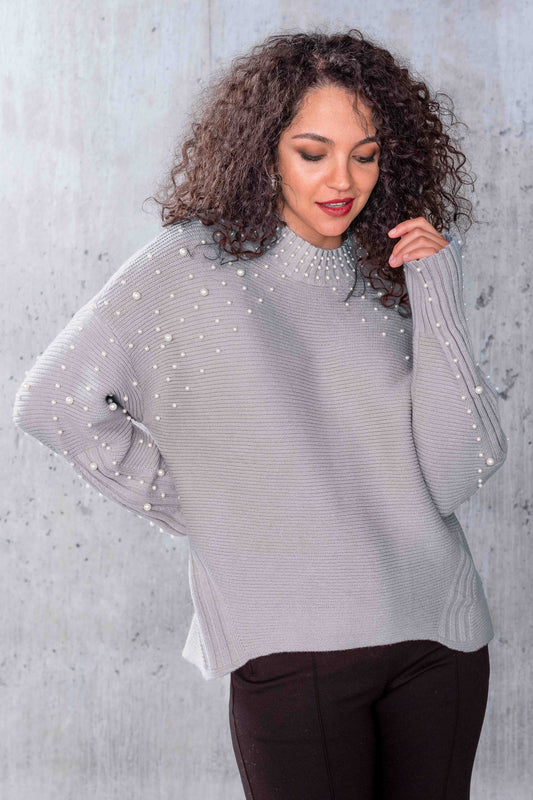 Alison Sheri Ribbed Pearl Detail Sweater Grey A44307