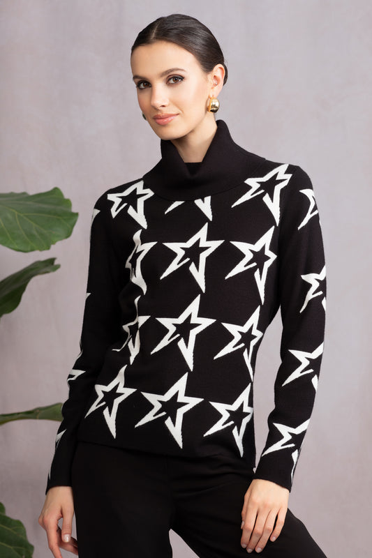 Alison Sheri Star Print Roll Neck Sweater - Black/Off White - A46355