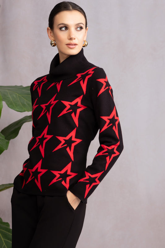 Alison Sheri Star Print Roll Neck Sweater - Black/Red - A46355