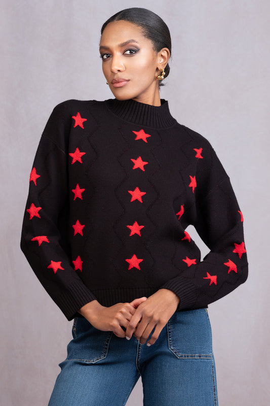 Alison Sheri Star Print Sweater - Black - A46486
