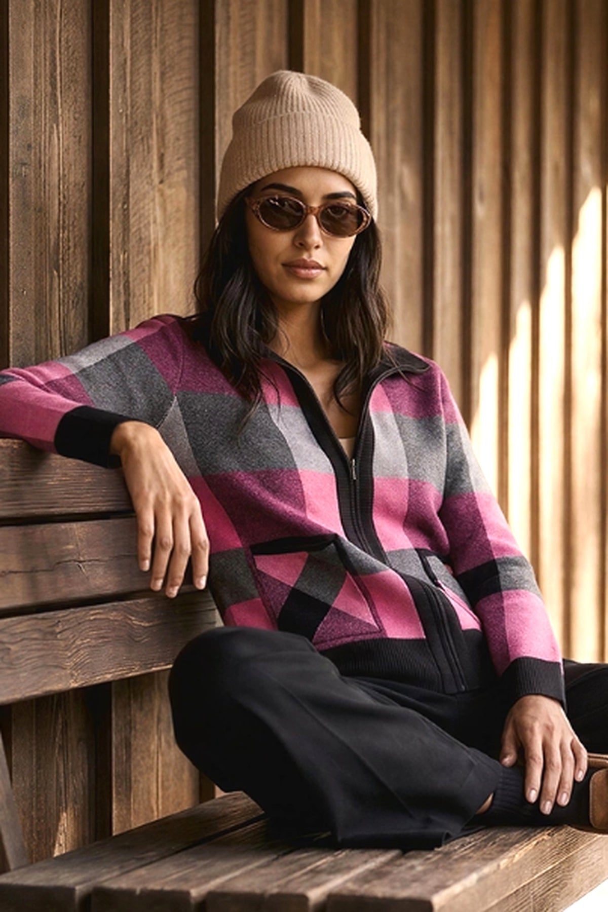Alison Sheri Knitted Zip Up Fuchsia Combo A48221