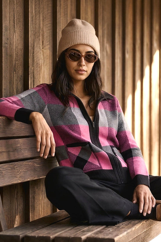 Alison Sheri Knitted Zip Up Fuchsia Combo A48221