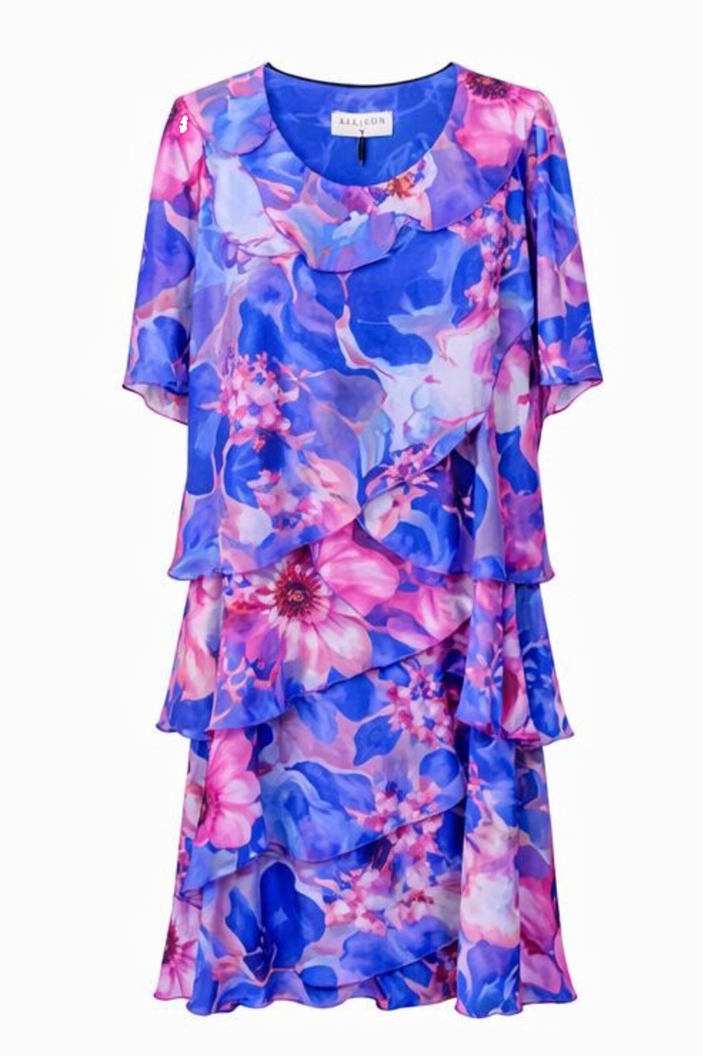 Allison Floral Print Layered Silk Dress Blue Fuchsia 4797-129