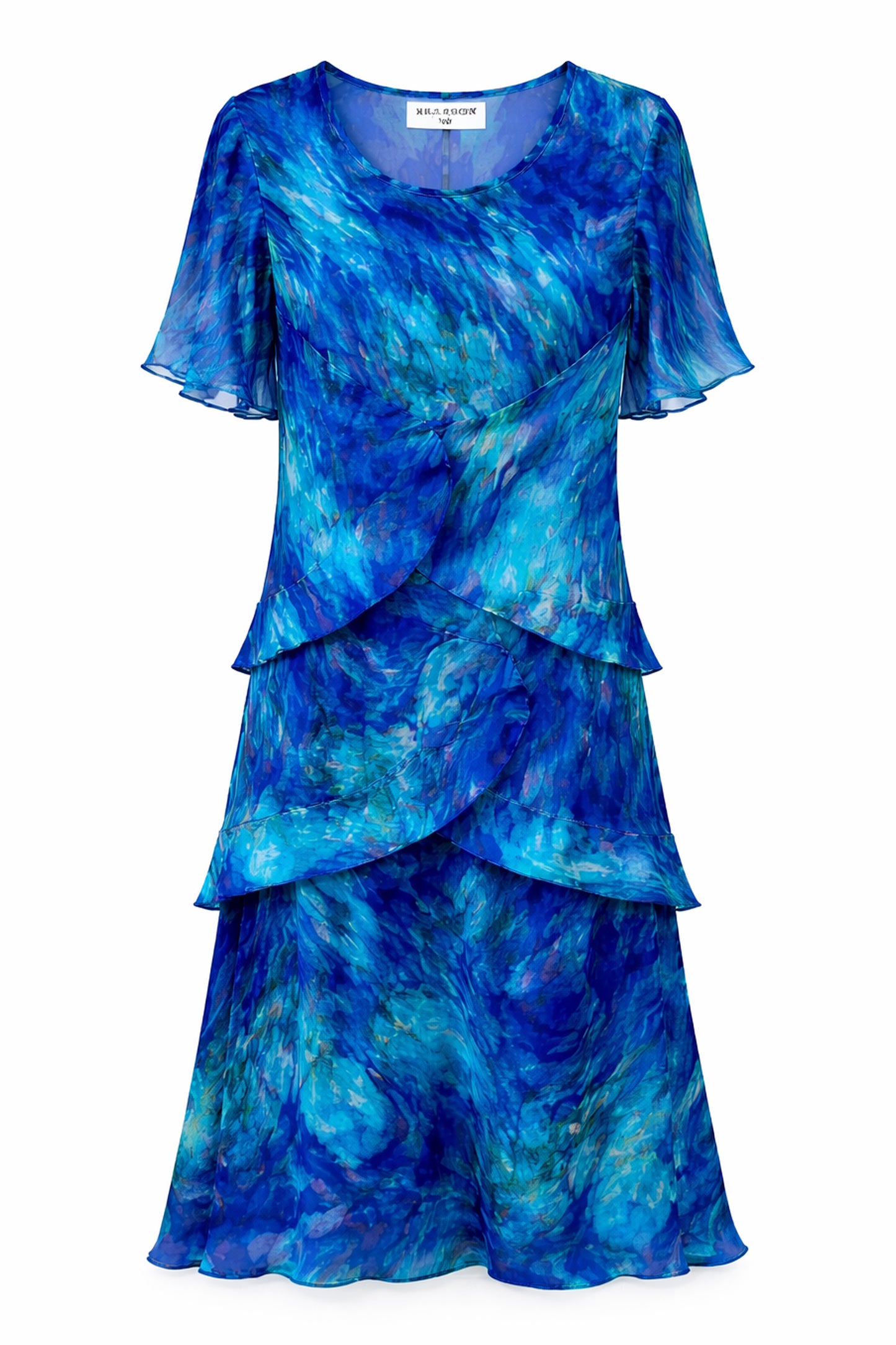 Allison Floral Print Layered Silk Dress Royal Blue 4797-23