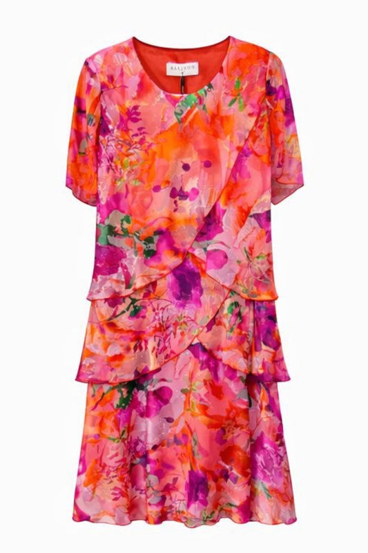 Allison Floral Print Layered Silk Dress Red 4797-46