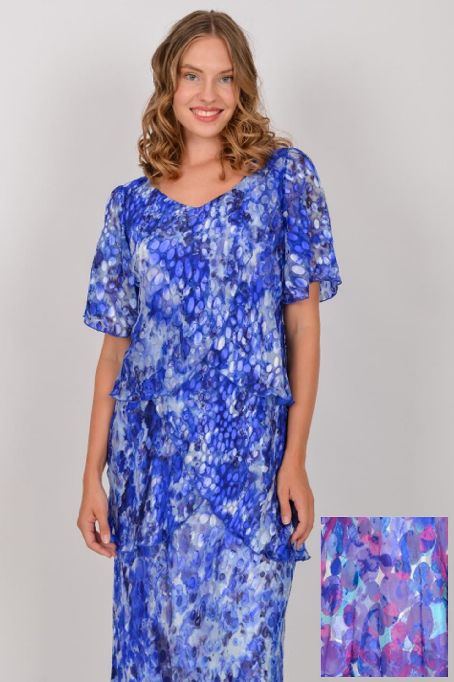 Allison Circle Print Layered Full Length Silk Dress Fuchsia/Purple 61161-22