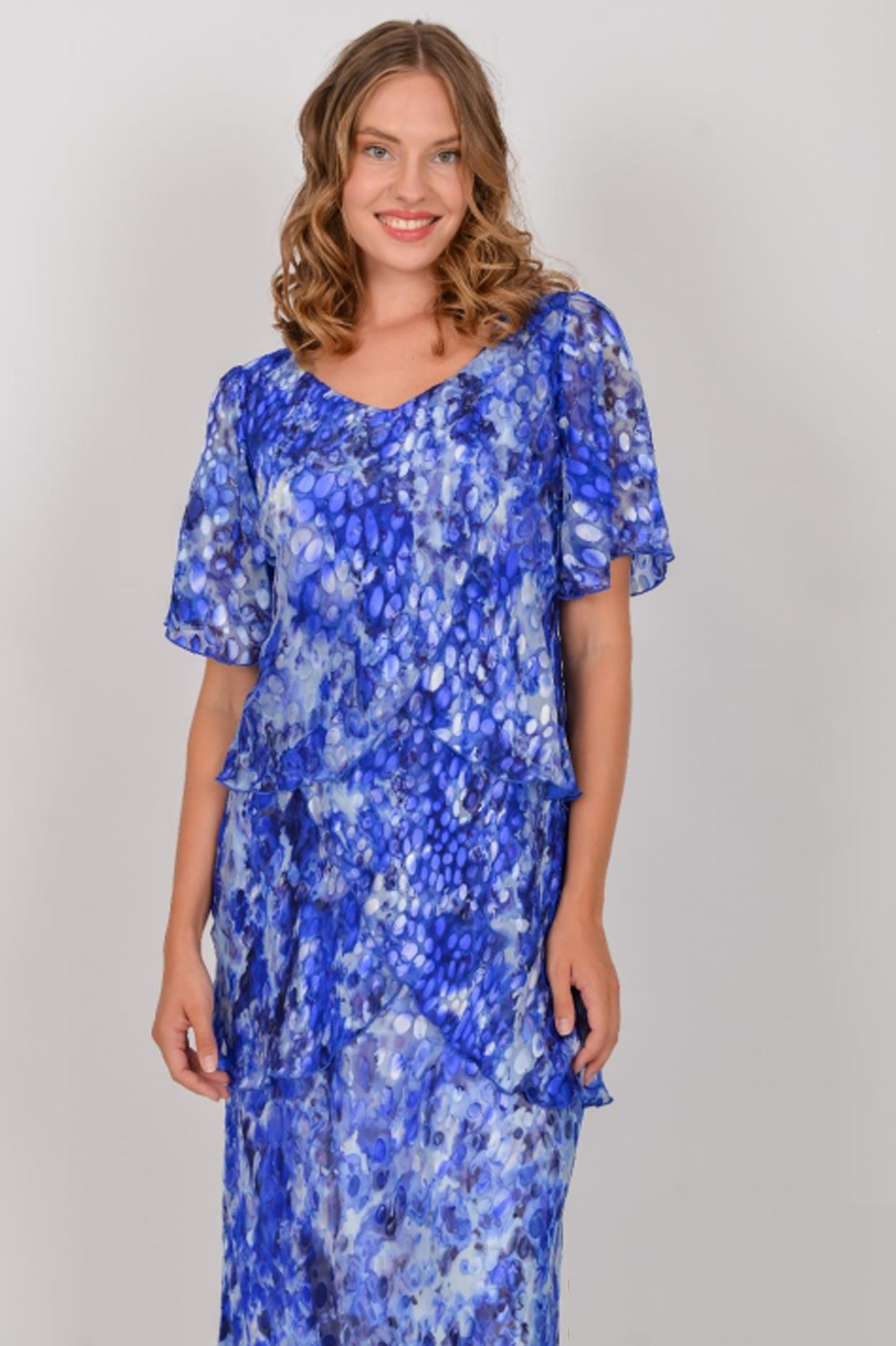 Allison Circle Print Layered Full Length Silk Dress Royal Blue/Multi 61161-13