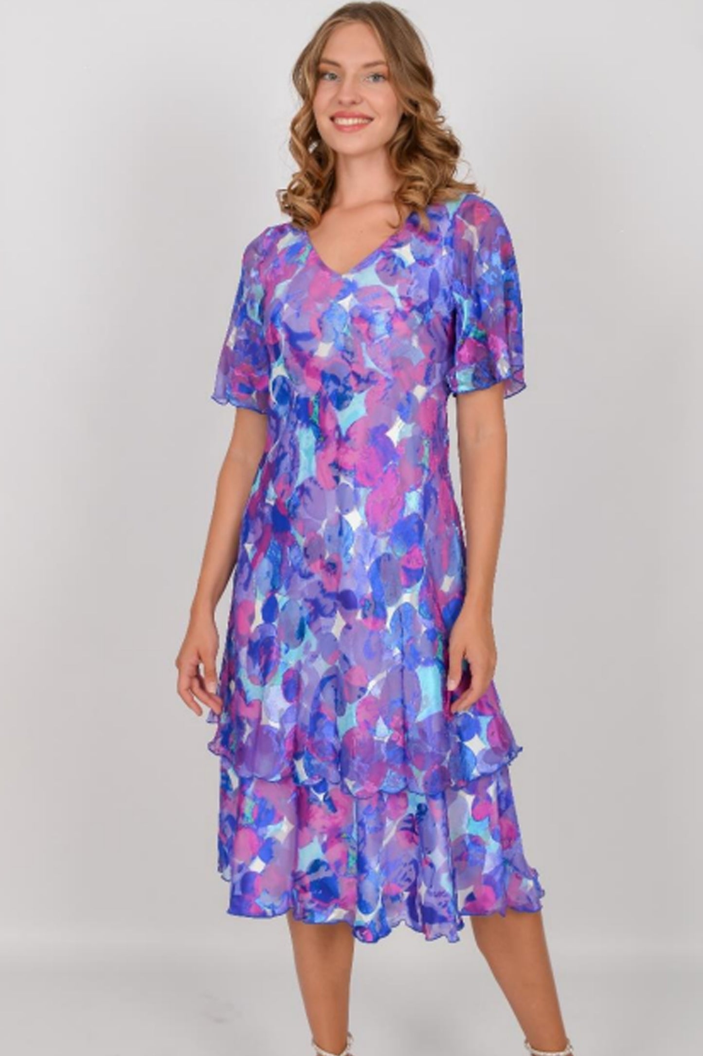 Allison Circle Print Layered Silk Dress Royal Fuchsia 4942-17