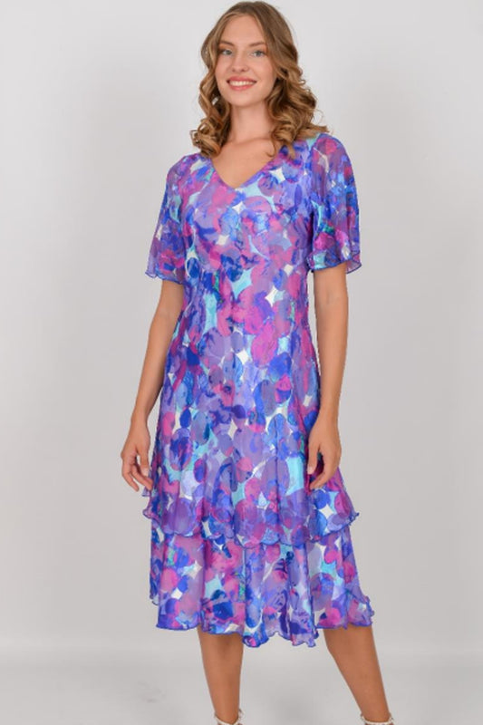 Allison Circle Print Layered Silk Dress Royal Fuchsia 4942-17