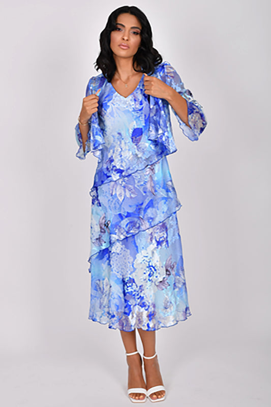 Allison Foliage Print Silk Dress & Bolero Jacket Set - Royal Sky Blue- 4939-63
