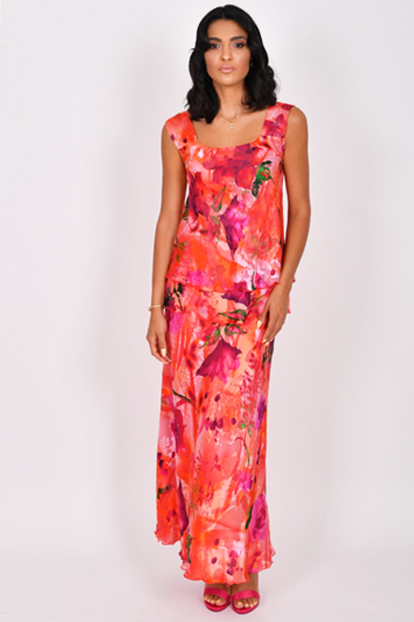 Allison Floral Print Silk Three Piece Skirt Set Red/Multi 2967/2443-46