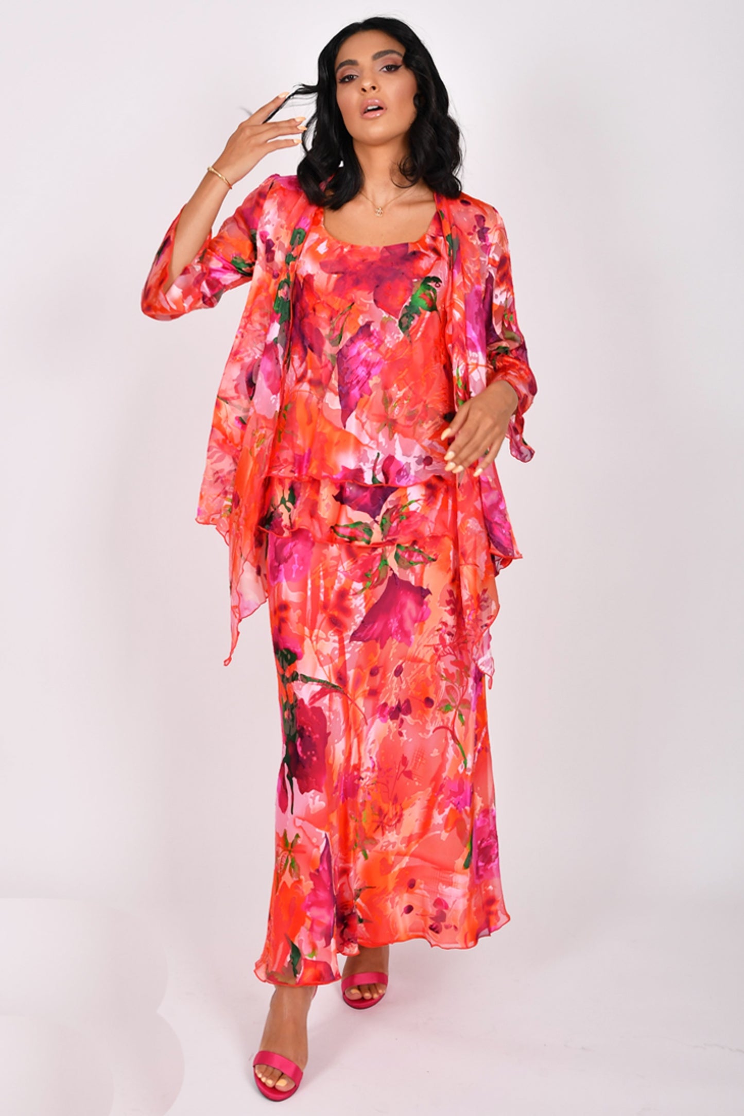 Allison Floral Print Silk Three Piece Skirt Set Red/Multi 2967/2443-46