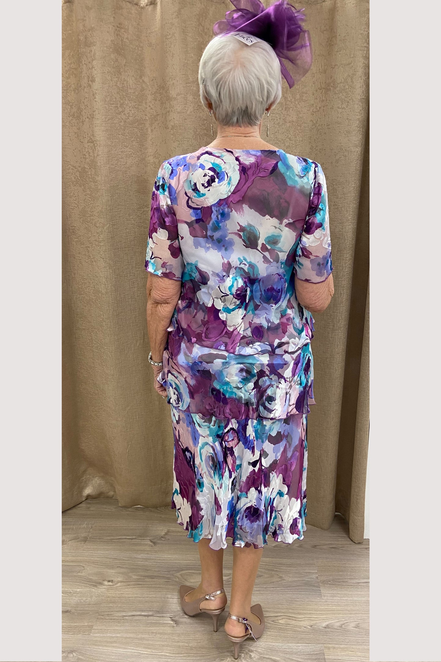 Allison Floral Print Layered Silk Dress Purple Rose 4797