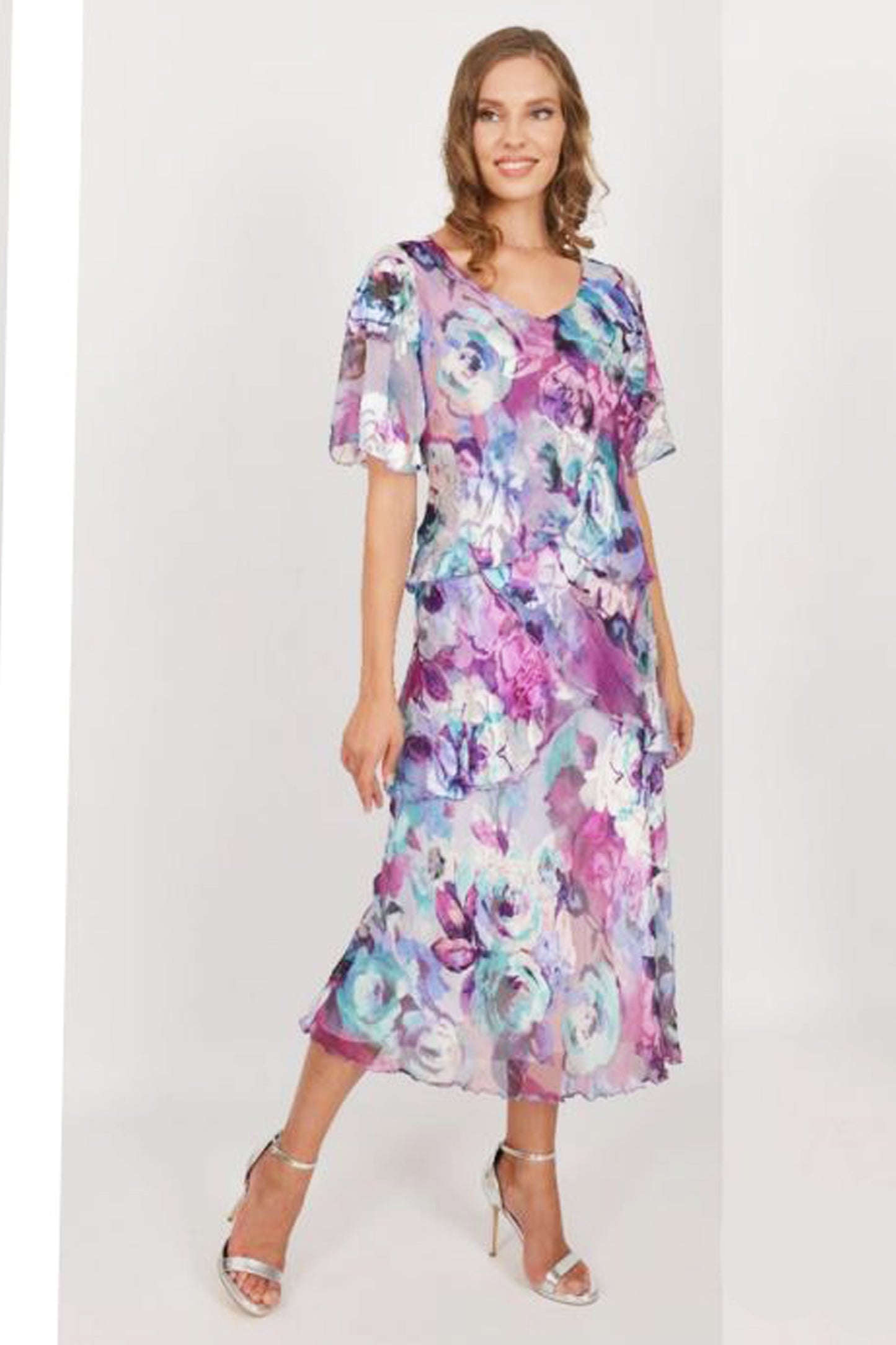 Allison Floral Print Layered Silk Dress - Purple Rose - 61161