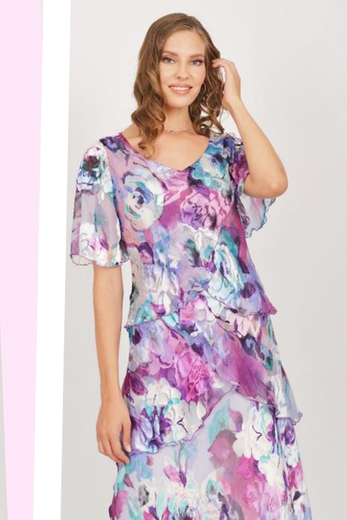 Allison Floral Print Layered Silk Dress - Purple Rose - 61161