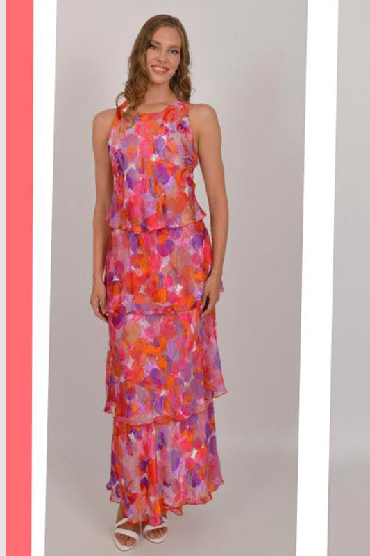 Allison Circle Print Layered Silk Dress - Orange - 61157