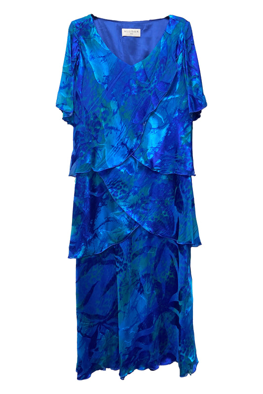 Allison Floral Print Layered Detail Silk Dress Royal Blue 61161-23