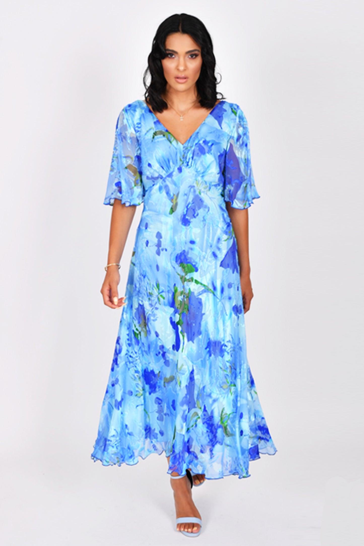 Allison Floral Print A-Line Silk Dress Blue 6160-45