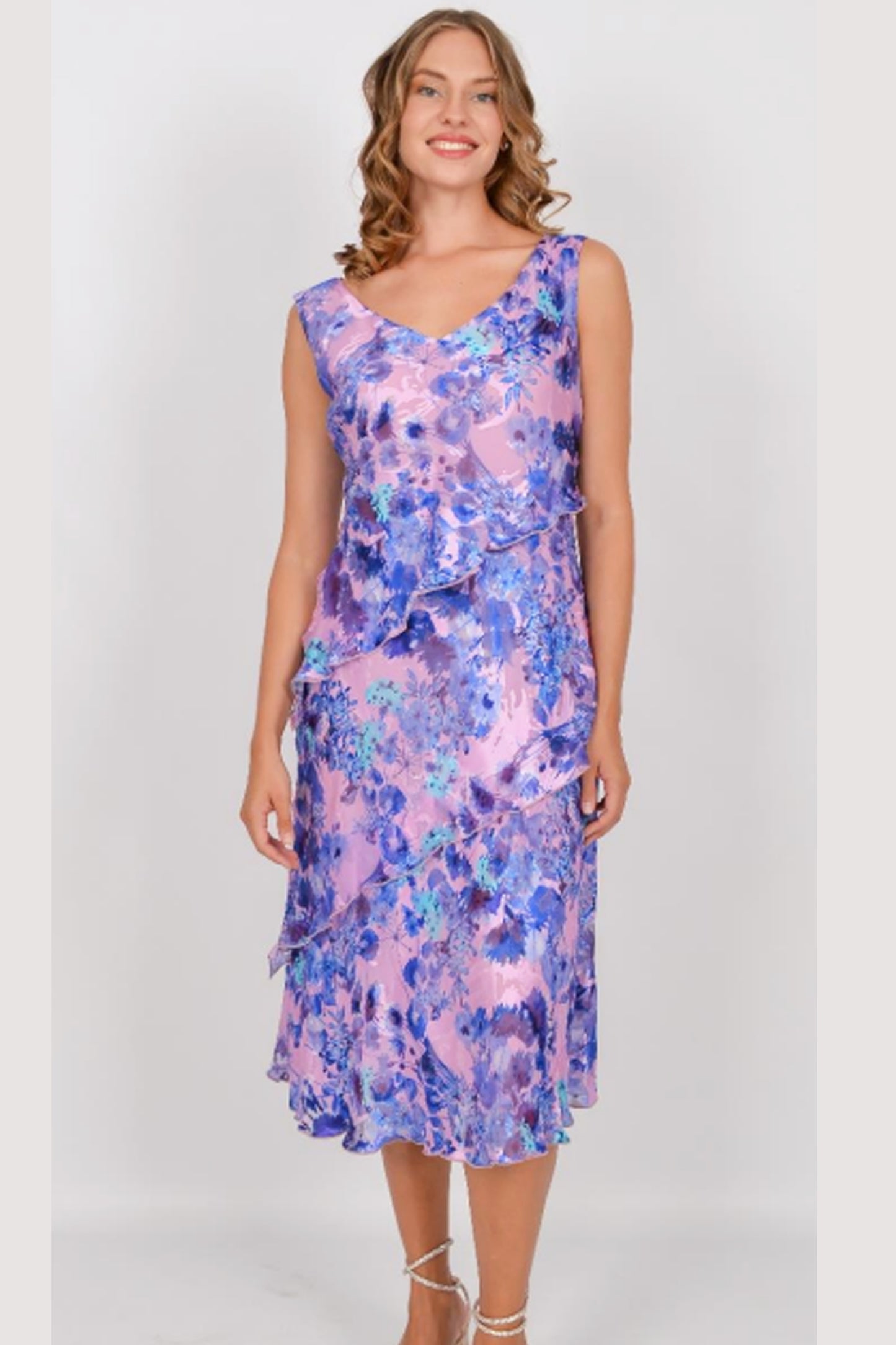 Allison Floral Print Silk Two Piece Pink/Blue 4939-09