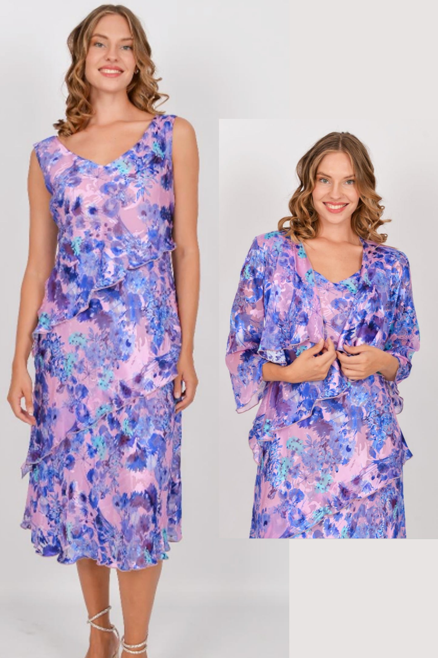 Allison Floral Print Silk Two Piece Pink/Blue 4939-09
