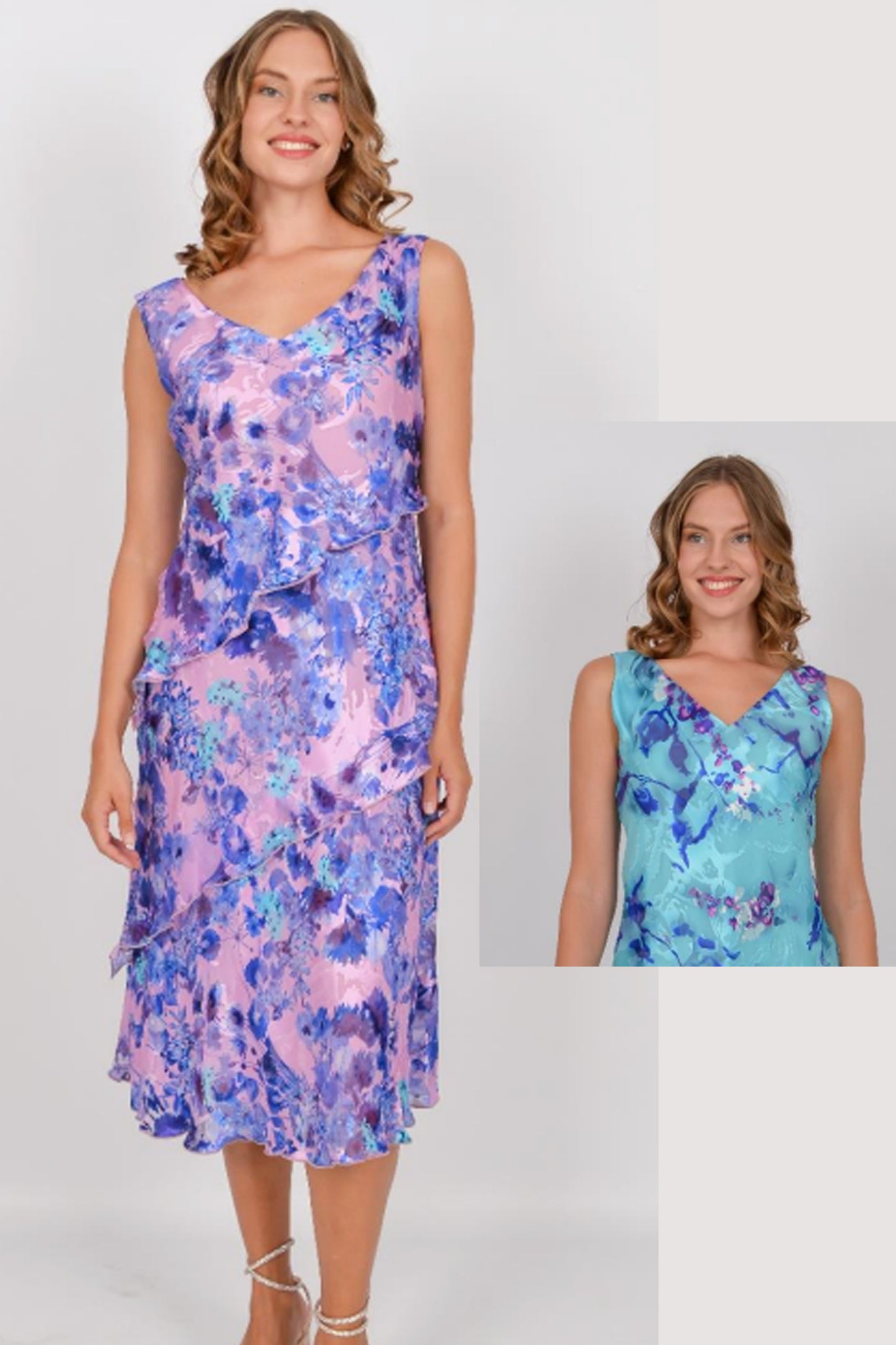 Allison Floral Print Silk Two Piece Turquoise/Purple 4939-15
