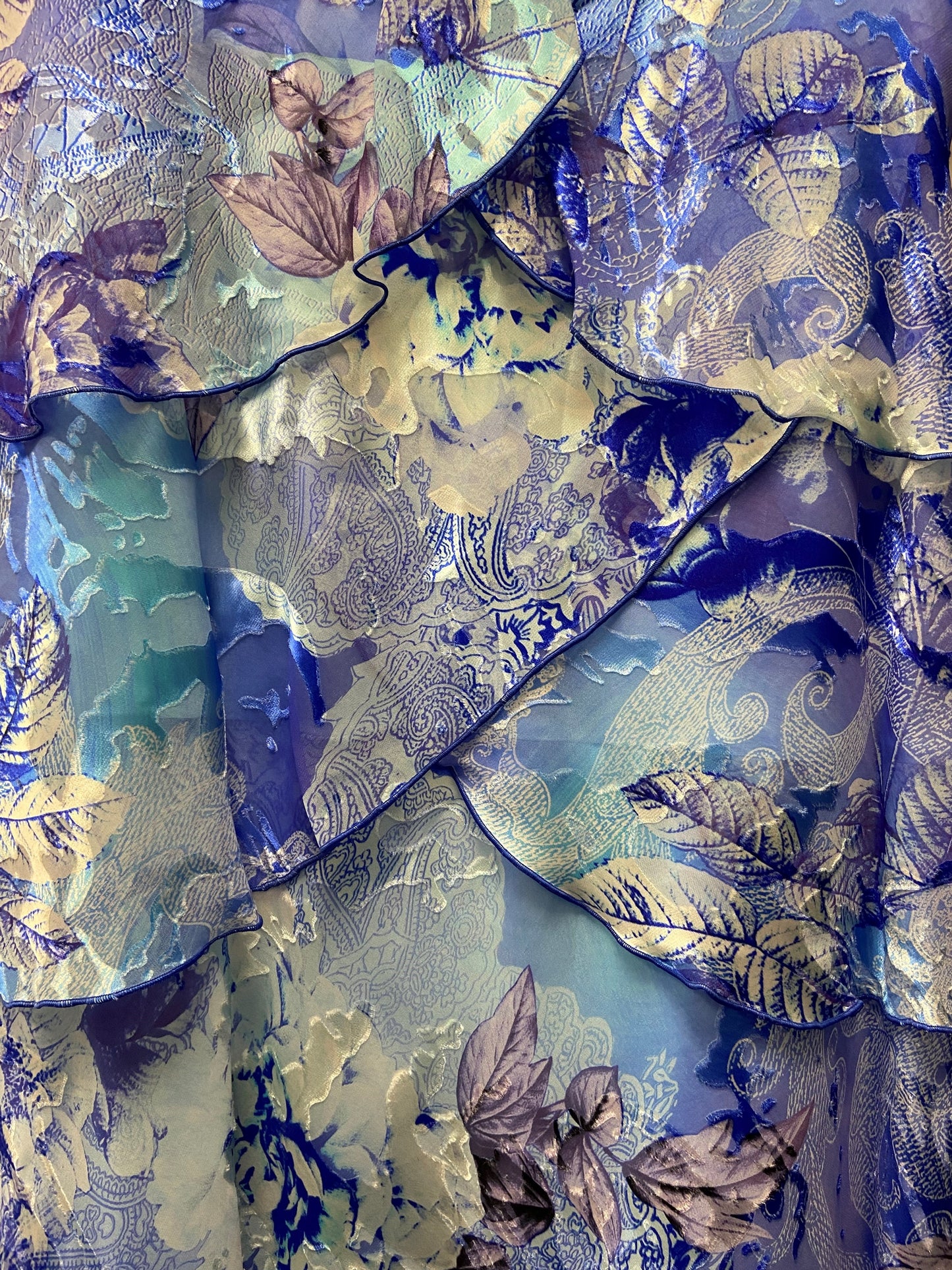 Allison Foliage Print Layered Detail Silk Dress - Royal Sky Blue - 4797-63